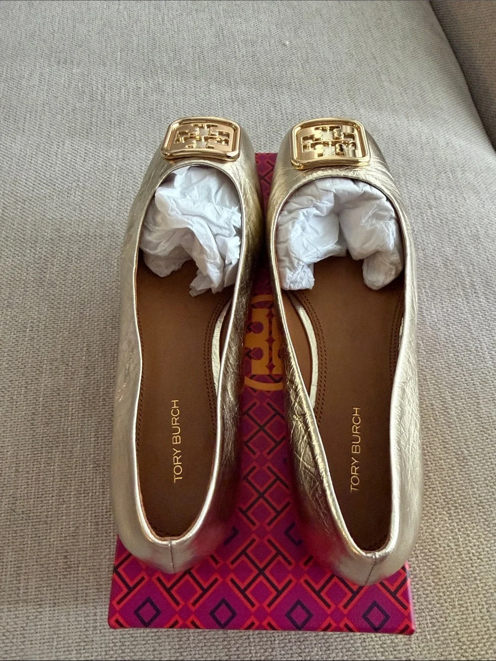 Tory Burch Georgia ballet Metallic Gold Logo Square-Toe Flats